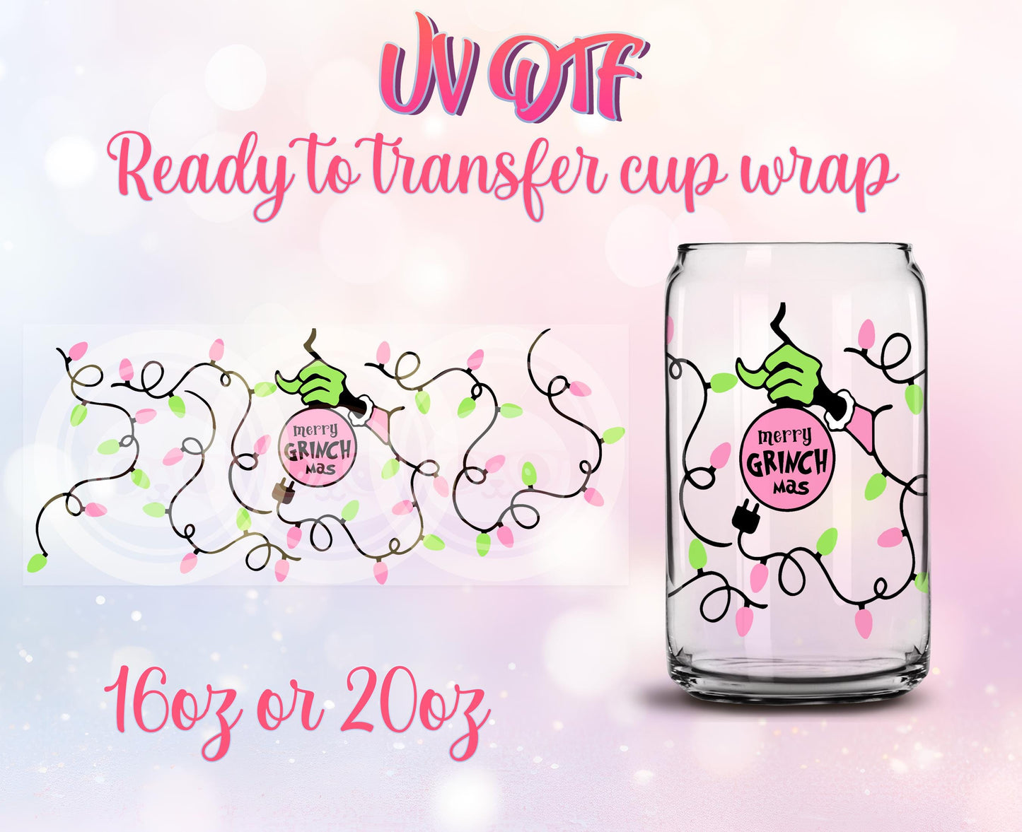 UV DTF Ready to Transfer Cup Wraps - Christmas Design DIY 16oz and 20oz Prints - Libbey Glass Can - Customizable