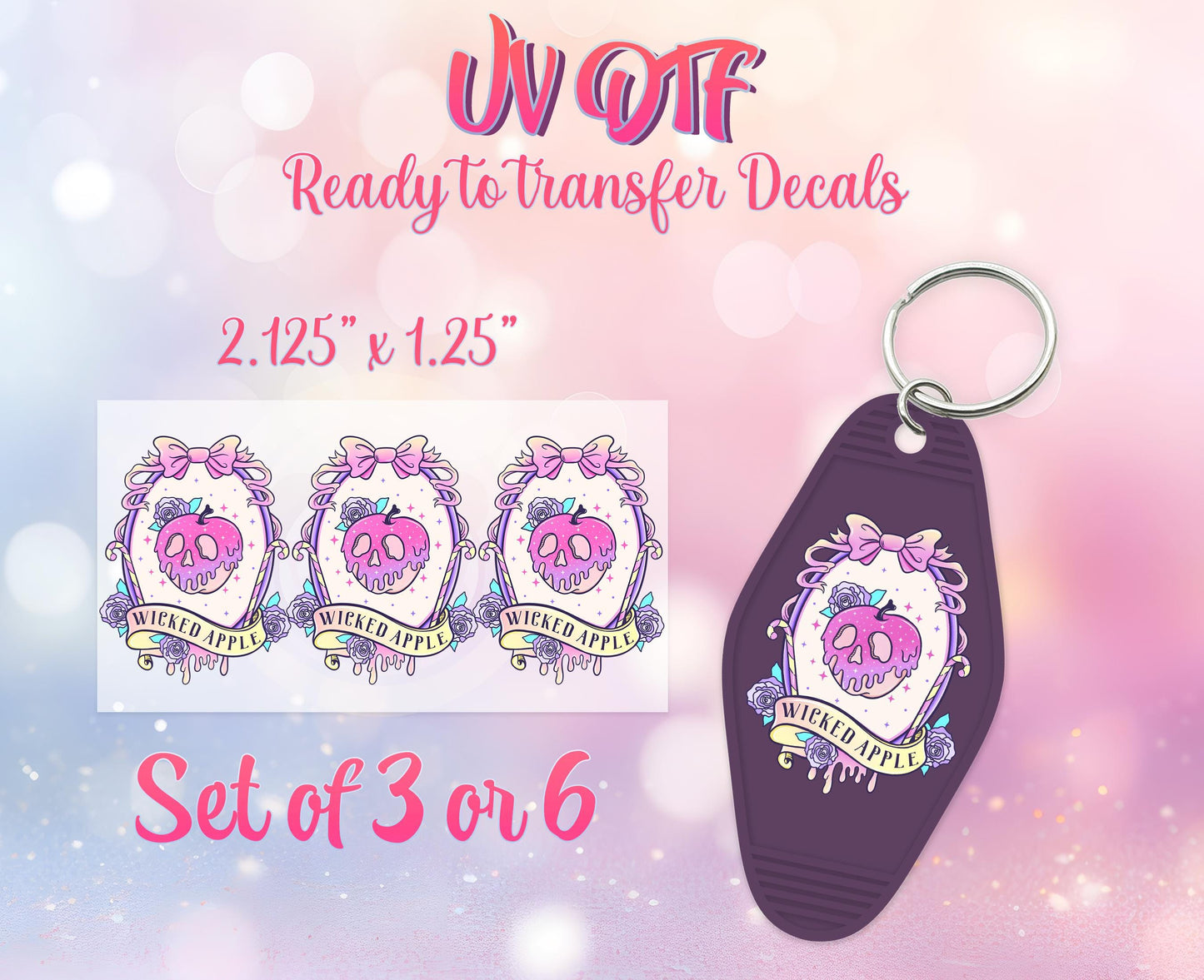 UV DTF Ready to Apply Keychain Transfers - Wicked Apple - Halloween Design Print - DIY Retro Motel Keychain Decal - Customizable