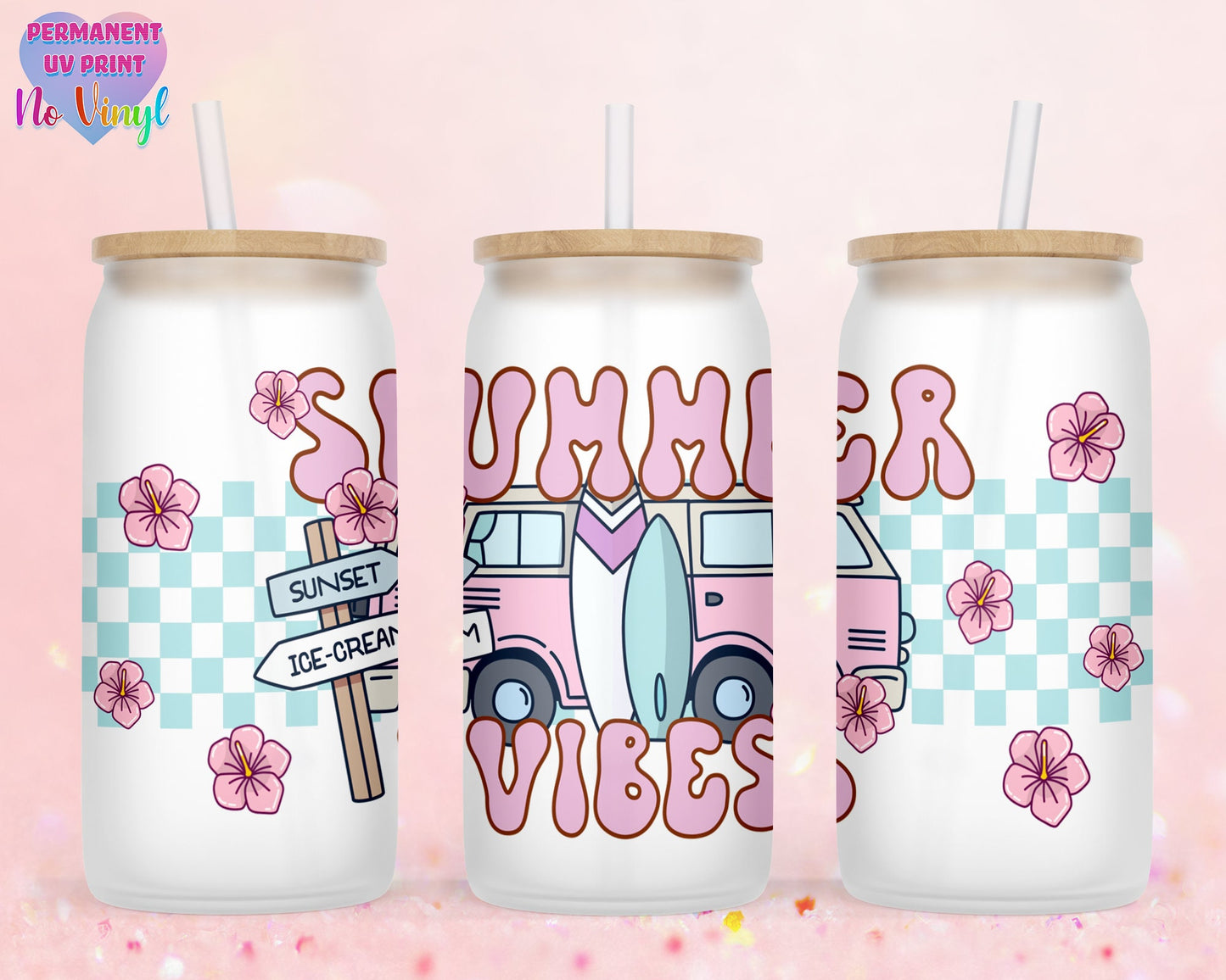 UVDTF Customized Glass Cup 16oz - Summer Vibes Design - Clear or Frosted - Bamboo Lid - Customized Gifts