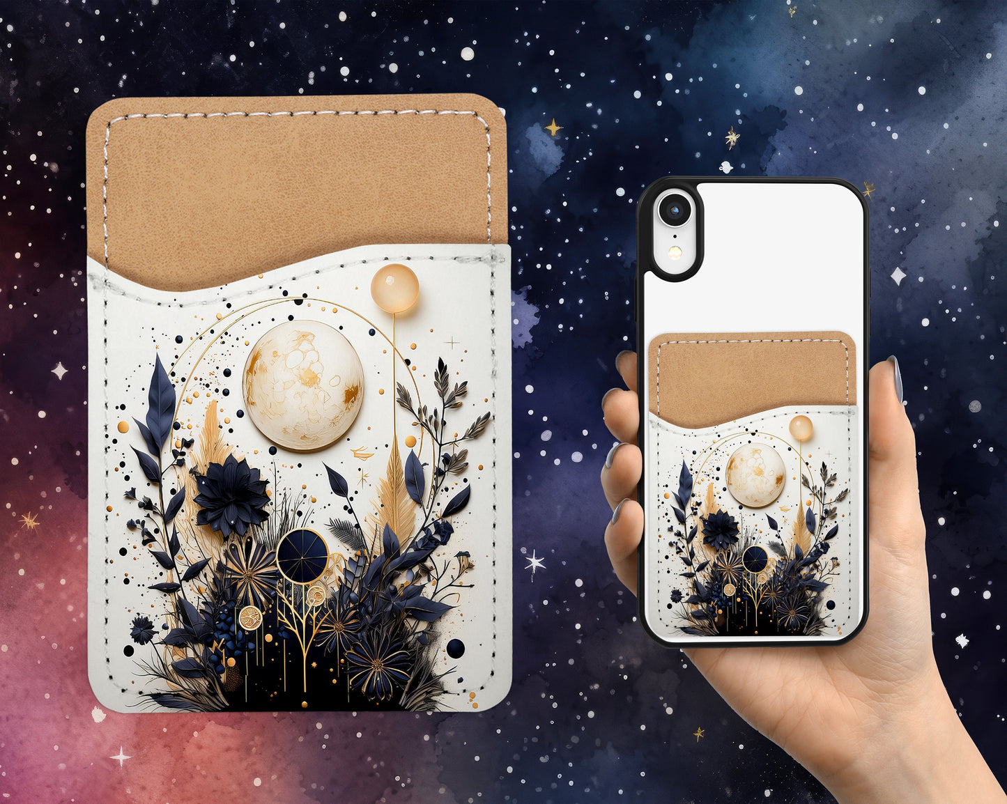 Midnight Abstract Design Phone Wallet - Adhesive PU Leather Card Holder for Phone - Custom Gift - Stick on Pocket - Card Caddy