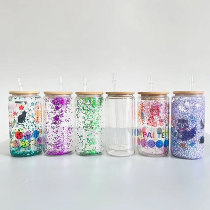 Blank Sublimation Snowglobe Beer Can Glass - Double Walled 12oz and 15oz Glass - Soda Can Cup with Bamboo Lid and Straw