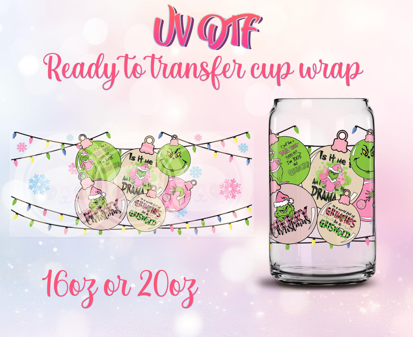 UV DTF Ready to Transfer Cup Wraps - Christmas Design DIY 16oz and 20oz Prints - Libbey Glass Can - Customizable