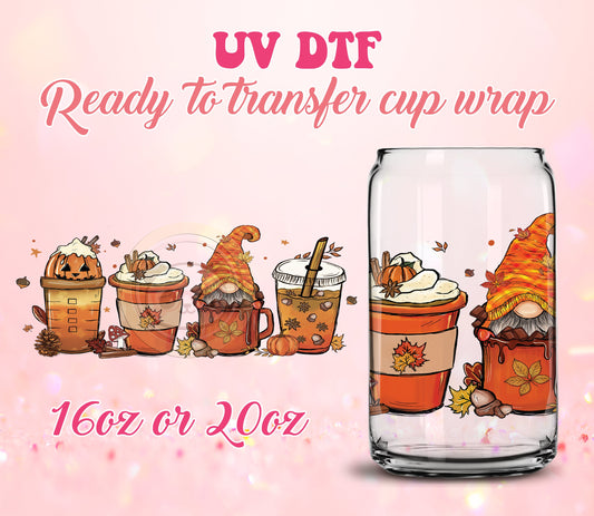UV DTF Cup Wrap - Ready to Transfer  Cups | Fall | Halloween - Fall Gnome DIY 16oz and 20oz Prints - Libbey Glass Can - Customizable