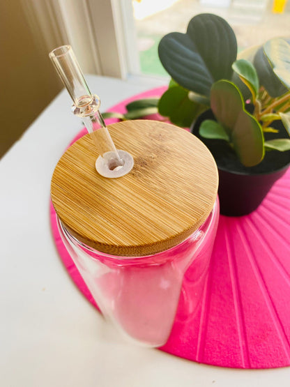 Blank Sublimation Beer Can Glass - Blank 16oz Glass - Soda Can Cup with Bamboo Lid and Straw - Tempered Borosilicate Glass