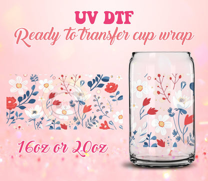 UV DTF Cup Wrap - Ready to Transfer  Blue Flowers Design DIY 16oz and 20oz Prints - Libbey Glass Can - Customizable