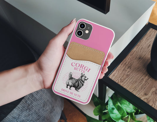Cute Corgi Phone Wallet - Adhesive PU Leather Card Holder For Phone - Pet Dog Custom Gift - Stick on Pocket - Card Caddy