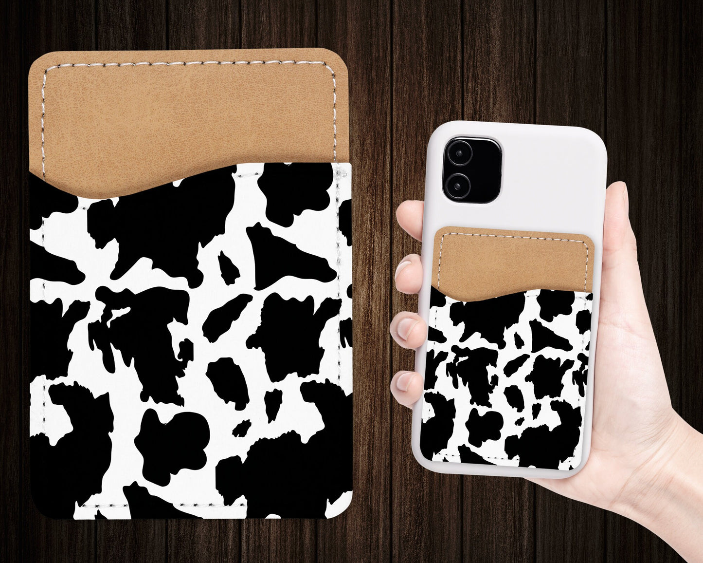 Cow Print Phone Wallet - Adhesive PU Leather Card Holder For Phone - Animal Print Custom Gift - Stick on Pocket - Card Caddy