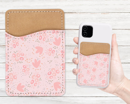 Cute Flower Pattern Phone Wallet - Adhesive PU Leather Card Holder For Phone  - Custom Gift - Stick on Pocket - Card Caddy