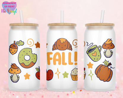 UVDTF Customized Glass Cup 16oz - Kawaii Fall Design - Clear or Frosted - Bamboo Lid - Customized Gifts