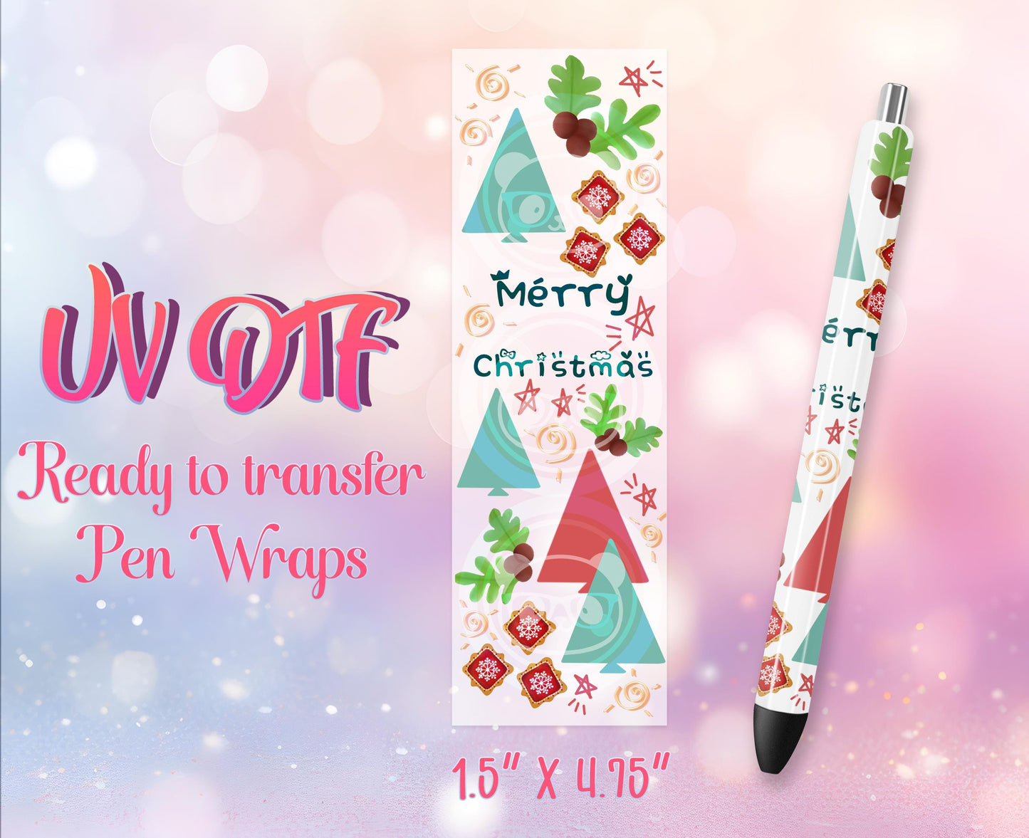 UV DTF Pen Wraps - Ready to Apply - Merry Christmas Design Prints - DIY Pen Decal - Customizable