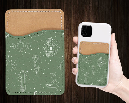 Green Esoteric Phone Wallet - Adhesive PU Leather Card Holder For Phone - Custom Gift - Stick on Pocket - Card Caddy