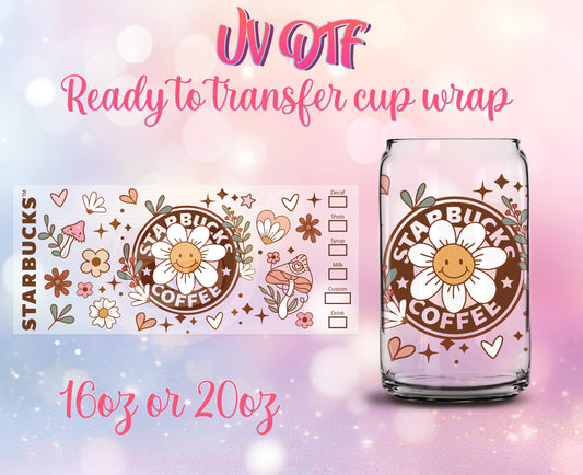 UV DTF Cup Wrap - Ready to Transfer  Starbcks Inspired Flower Design DIY 16oz and 20oz Prints - Libbey Glass Can - Customizable