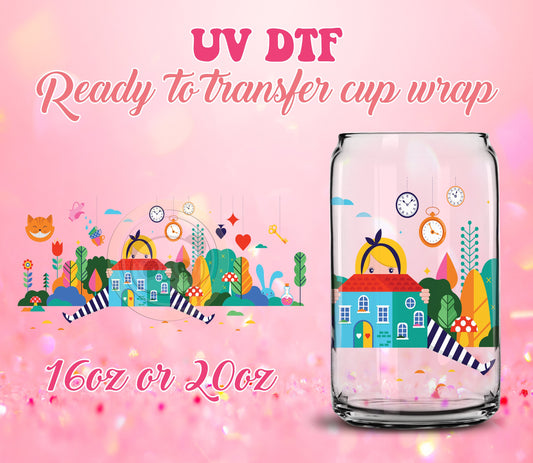 UV DTF Cup Wrap - Ready to Transfer  Alice Inspired Design DIY 16oz and 20oz Prints - Libbey Glass Can - Customizable