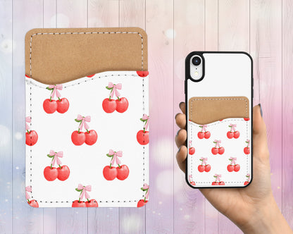 Cherry Coquette Phone Wallet - Adhesive PU Leather Card Holder for Phone - Custom Gift - Stick on Pocket - Card Caddy