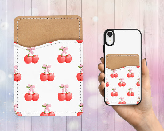 Cherry Coquette Phone Wallet - Adhesive PU Leather Card Holder for Phone - Custom Gift - Stick on Pocket - Card Caddy