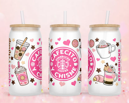 UVDTF Customized Glass Cup 16oz - Cafecito y Chisme Design - Clear or Frosted - Bamboo Lid - Customized Gifts