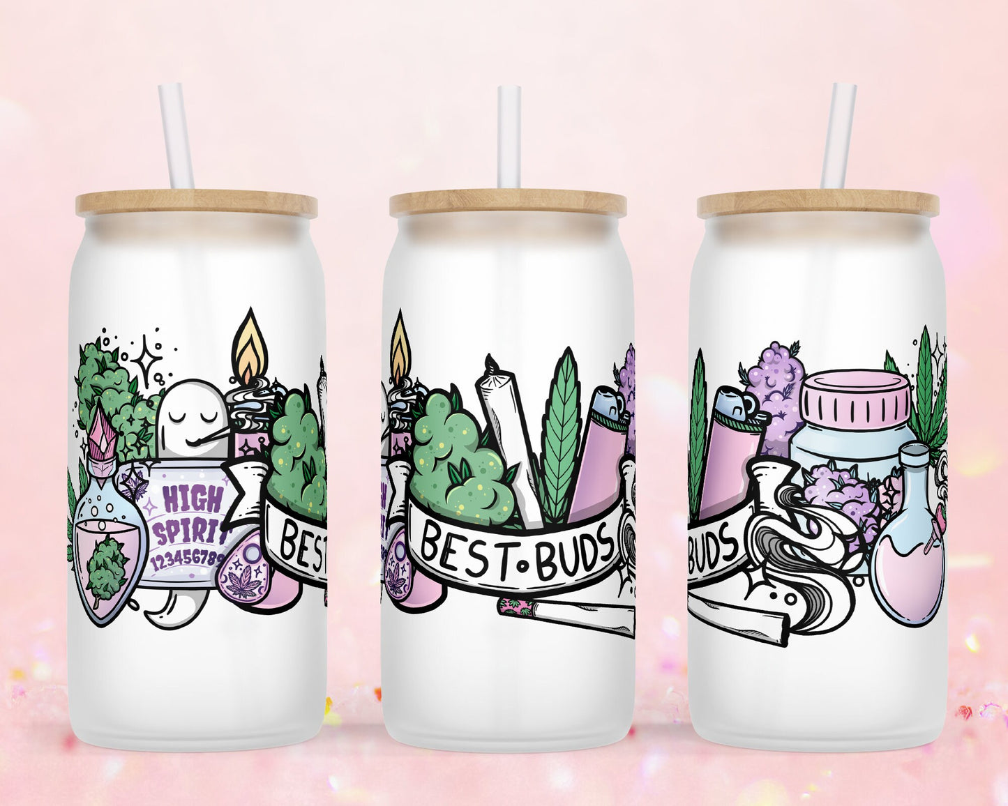 UVDTF Customized Glass Cup 16oz - 4/20 Best Buds Design - Clear or Frosted - Bamboo Lid - Customized Gifts