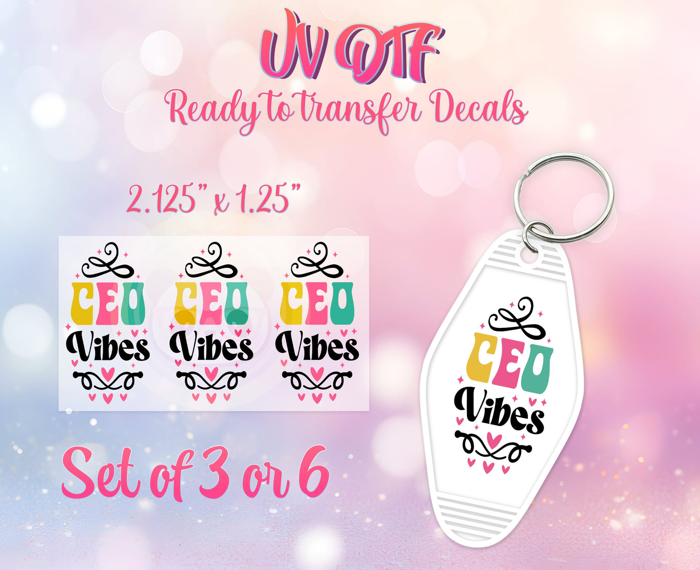 UV DTF Ready to Apply Keychain Transfers - C.E.O. Vibes Design Prints - DIY Retro Motel Keychain Decal - Customizable