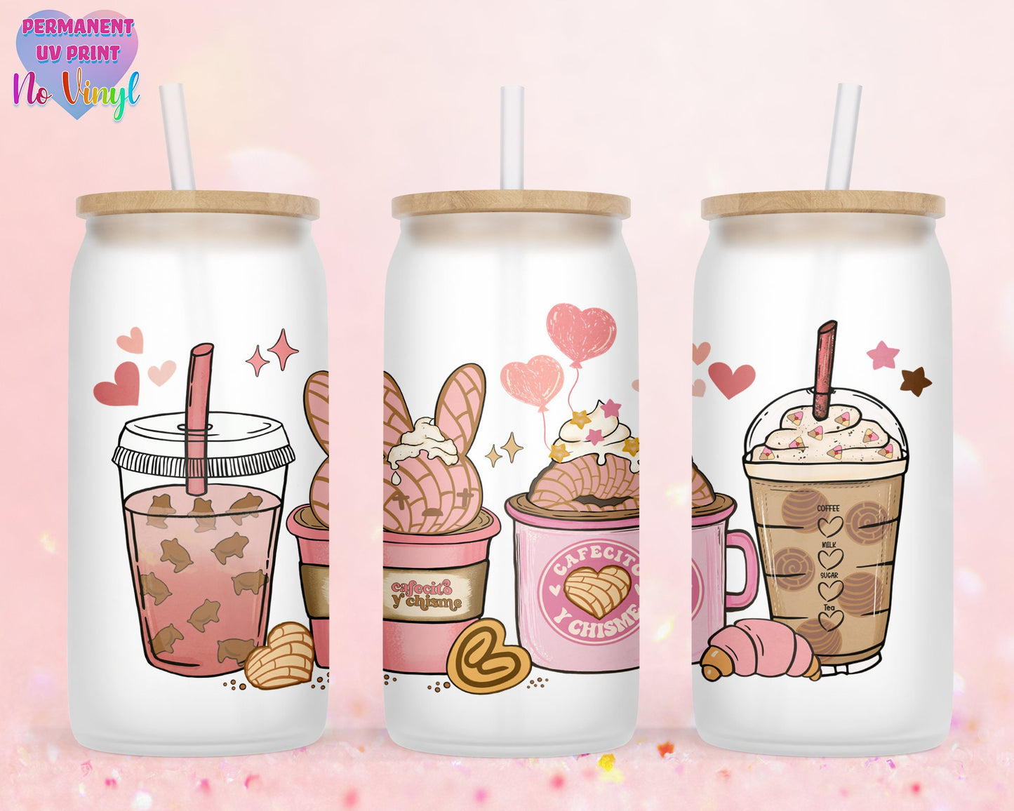 UVDTF Customized Glass Cup 16oz - Bunny Cafecito y Chisme Design - Clear or Frosted - Bamboo Lid - Customized Gifts