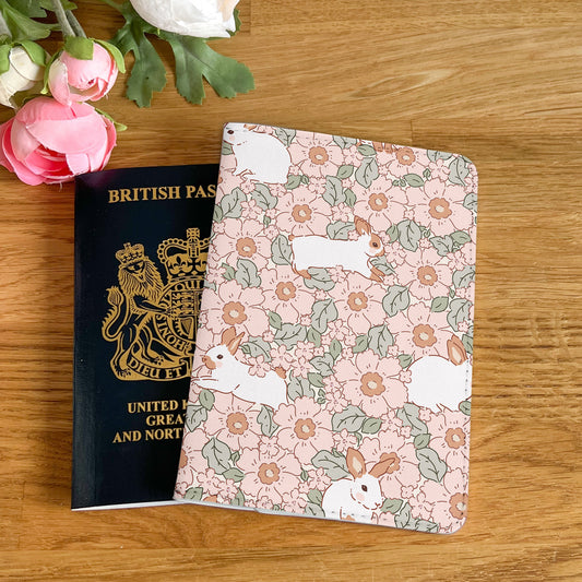 Flower and Bunny Easter Design Passport Cover - PU Leather Wallet Card Holder For Document - Custom Gift