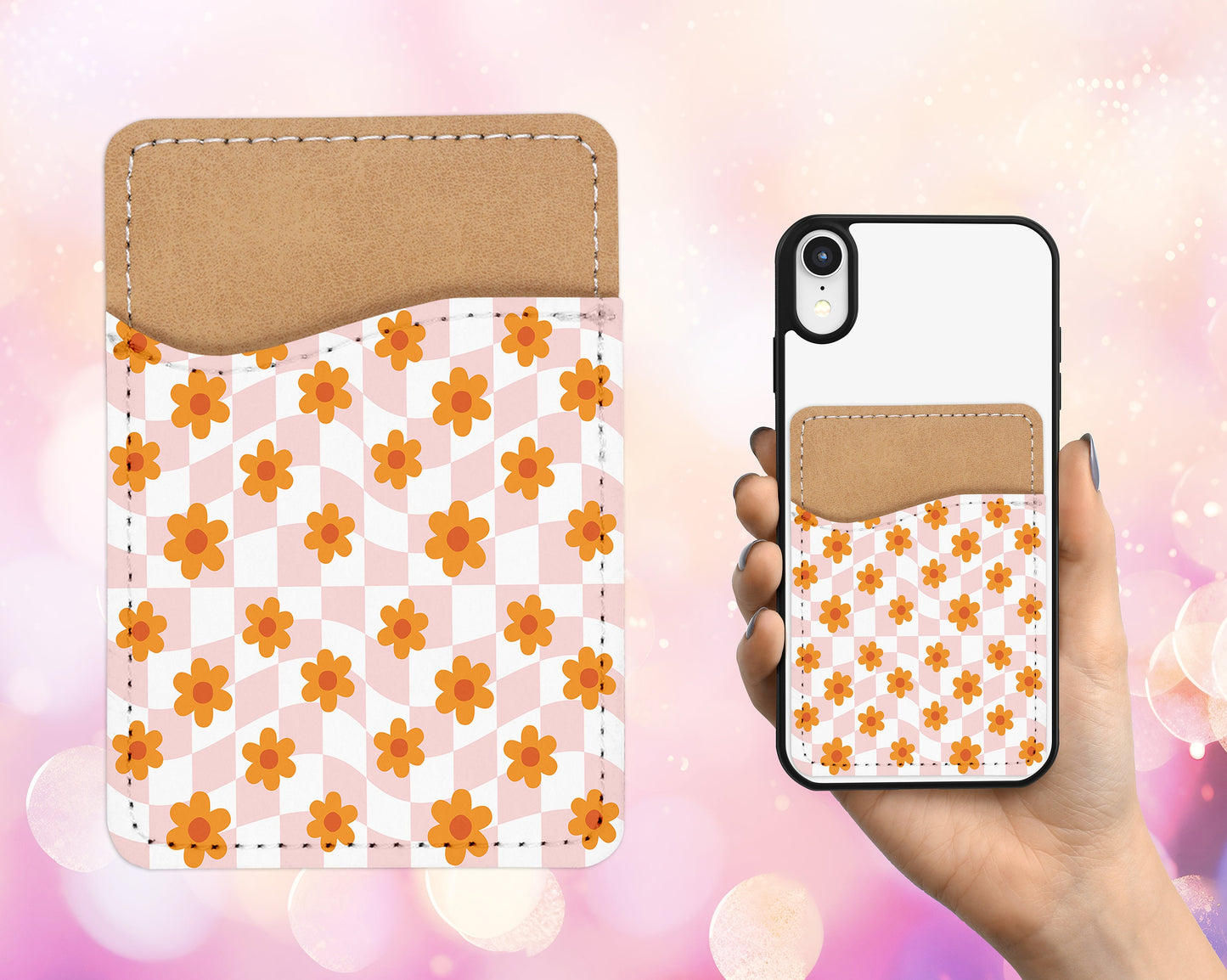 Retro Checkered Design Phone Wallet - 70s 80s Groovy Adhesive PU Leather Card Holder For Phone - Custom Gift - Stick on Pocket - Card Caddy