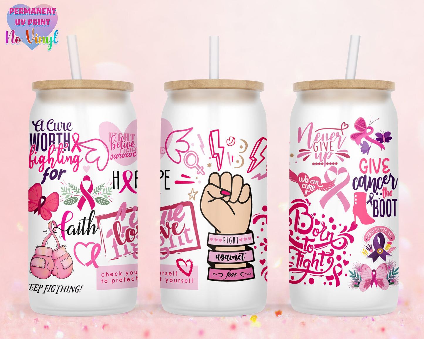 UVDTF Customized Glass Cup 16oz - Cancer Awareness Design - Clear or Frosted - Bamboo Lid - Customized Gifts