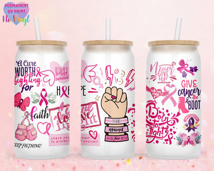 UVDTF Customized Glass Cup 16oz - Cancer Awareness Design - Clear or Frosted - Bamboo Lid - Customized Gifts