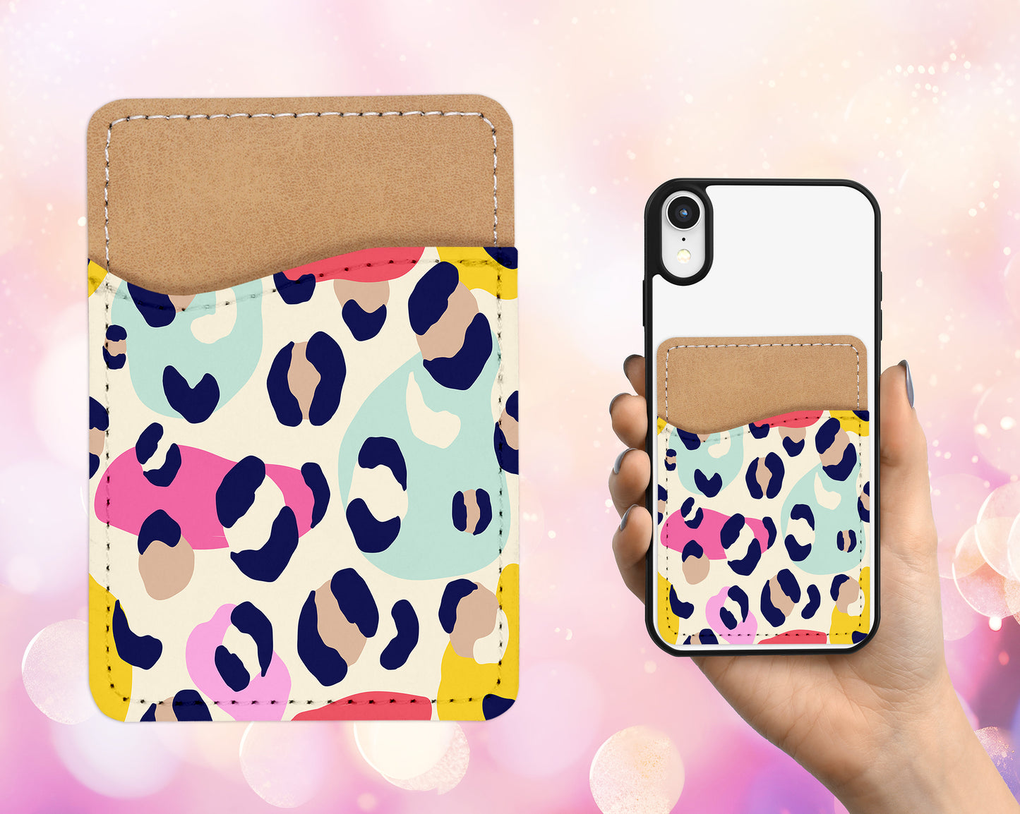 Cute Colorful Leopard Phone Wallet - Adhesive PU Leather Card Holder For Phone - Animal Print Custom Gift - Stick on Pocket - Card Caddy