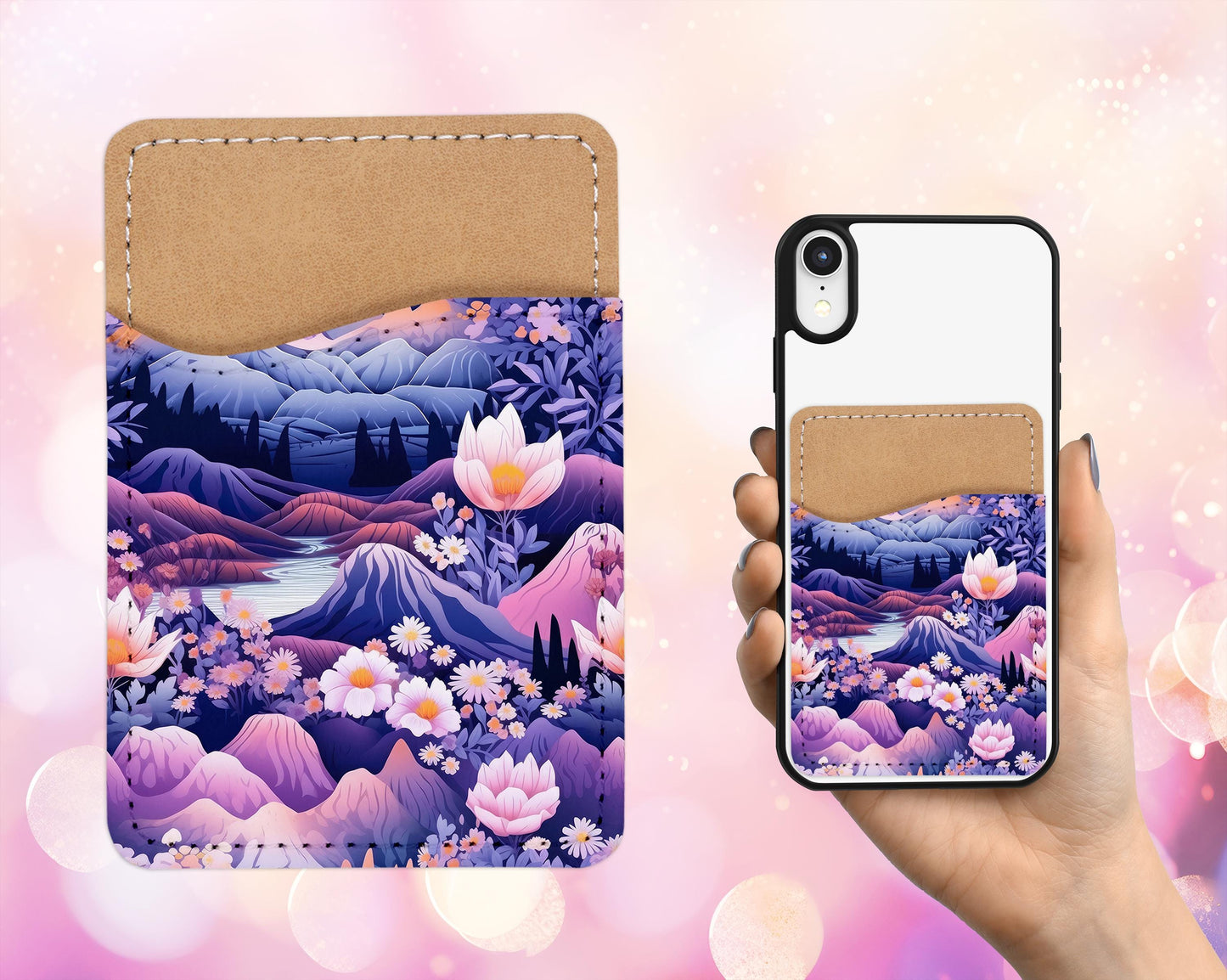 Mystic Floral Mountain Phone Card Holder - Purple Pink Nature Aesthetic Adhesive Wallet for Phone