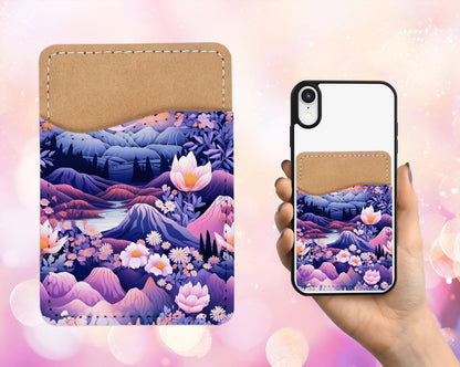 Mystic Floral Mountain Phone Card Holder - Purple Pink Nature Aesthetic Adhesive Wallet for Phone