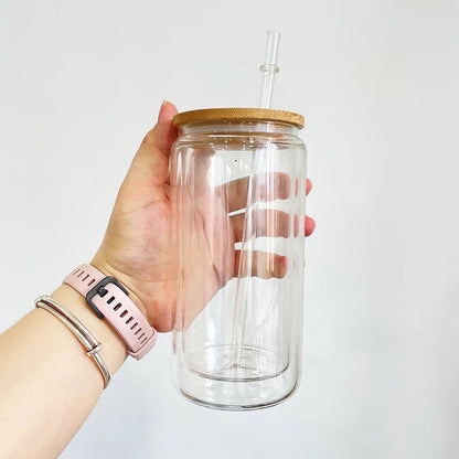 Blank Sublimation Snowglobe Beer Can Glass - Double Walled 12oz and 15oz Glass - Soda Can Cup with Bamboo Lid and Straw