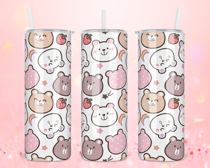Kawaii Personalized 20oz Skinny Tumbler - Cute Bears Bottle - Custom Design Travel Mug - Gift