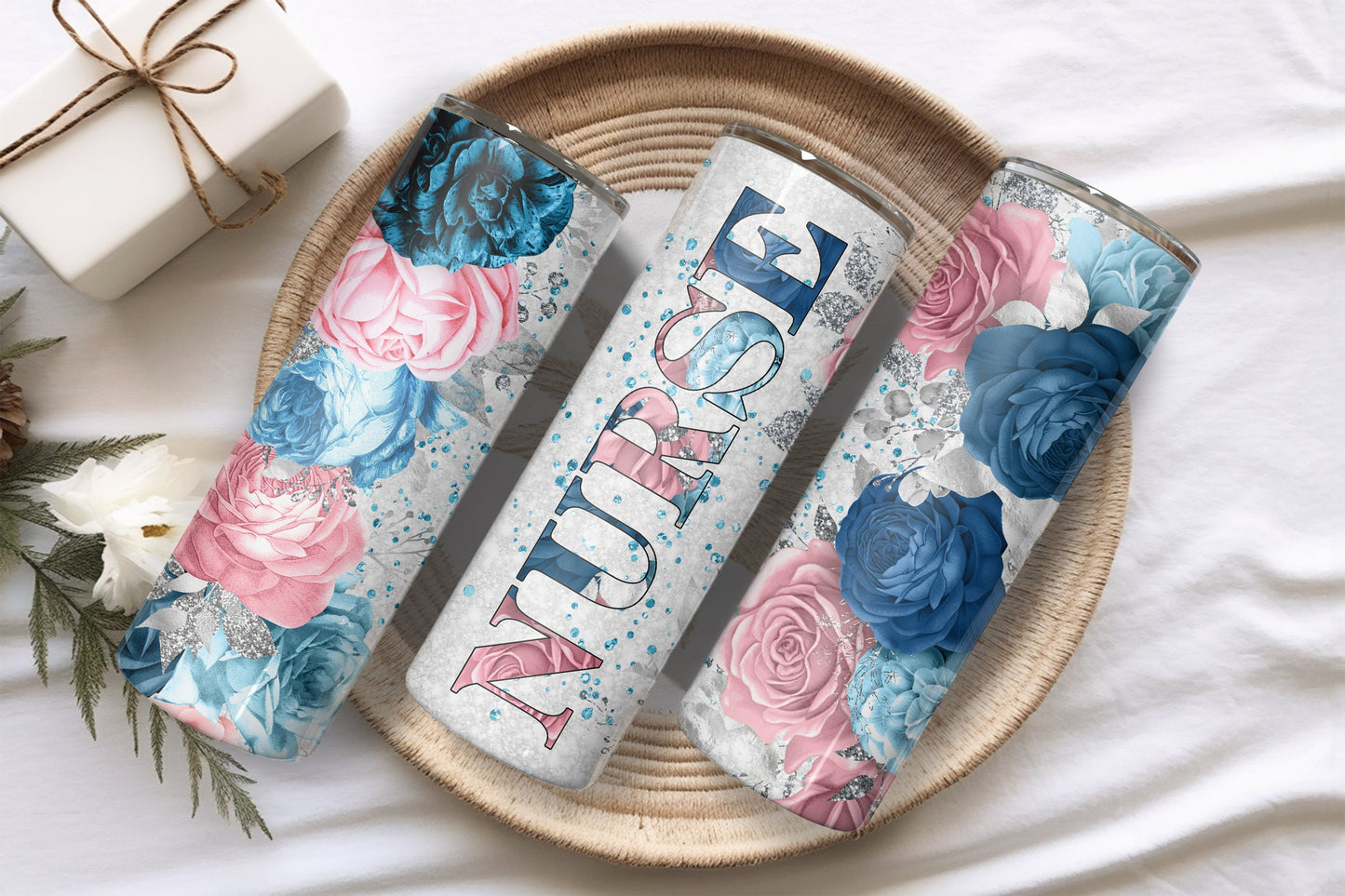 Nurse - Flower Design 20oz Skinny Tumbler - Custom Design Travel Mug - Personalized Gift
