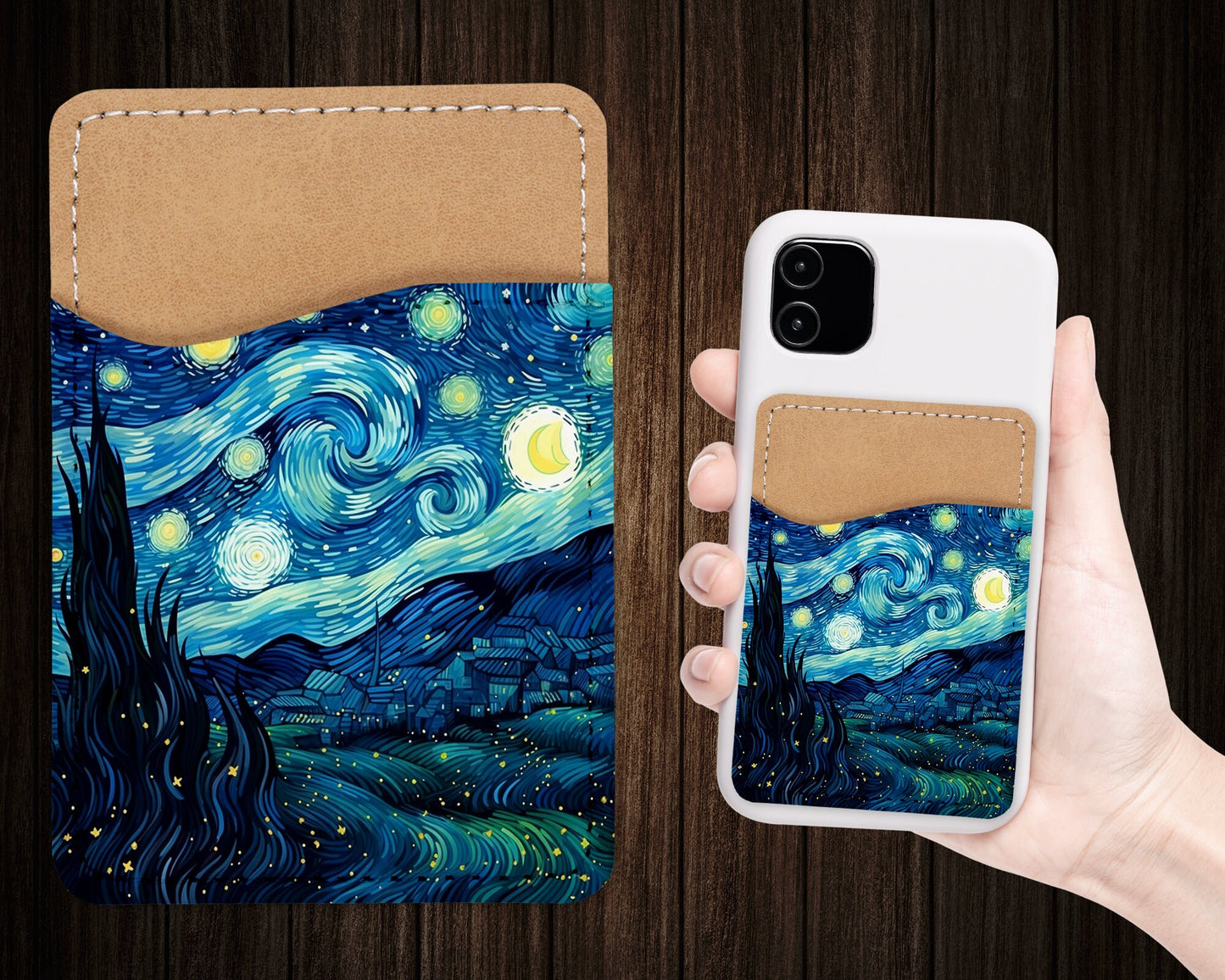 Starry Inspired Phone Wallet - Adhesive PU Leather Card Holder For Phone - Custom Gift - Stick on Pocket - Card Caddy