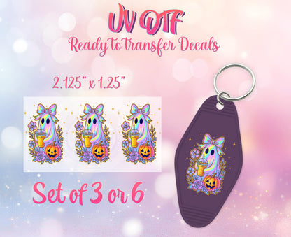 UV DTF Ready to Apply Keychain Transfers - Holographic Ghost Halloween Design Prints - DIY Retro Motel Keychain Decal - Customizable