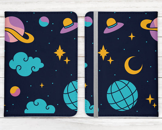 Retro Groovy Planets Design Passport Cover - 70s 80s PU Leather Wallet Card Holder For Document - Custom Gift