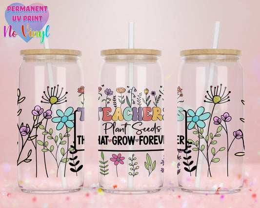 UVDTF Customized Glass Cup 16oz - Teacher Design - Clear or Frosted - Bamboo Lid - Customized Gifts