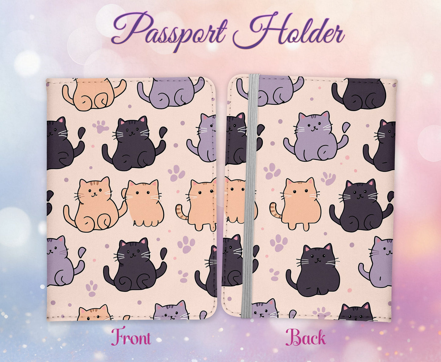 Cute Cat Pattern Design Passport Cover -  PU Leather Wallet Card Holder For Document - Custom Gift
