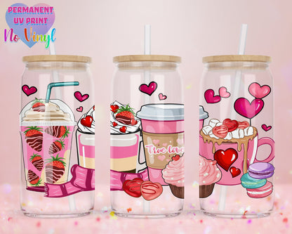 UVDTF Customized Glass Cup 16oz - Lovely Pink Cups Design - Clear or Frosted - Bamboo Lid - Customized Gifts