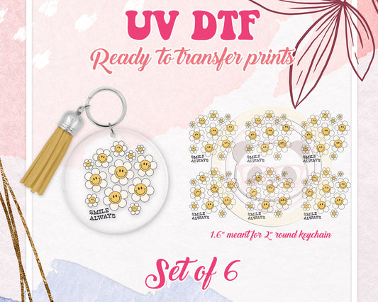 UV DTF Ready to Apply Keychain Transfers - Groovy Retro Daisy Design Prints - DiY Acrylic MDF keychain Decal - Customizable