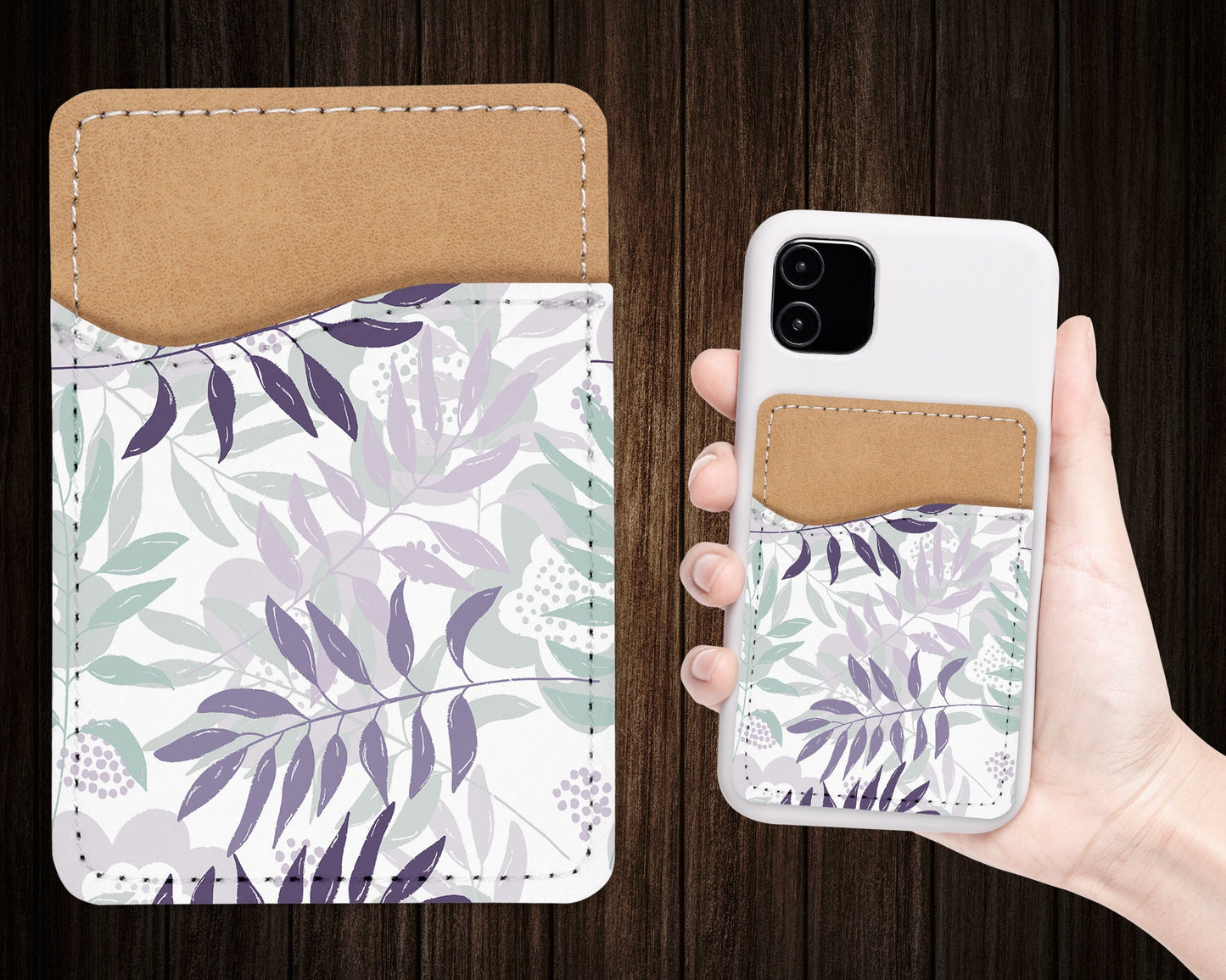 Leaves Pattern Phone Wallet - Nude Aesthetic Adhesive PU Leather Card Holder For Phone  - Custom Gift - Stick on Pocket - Card Caddy