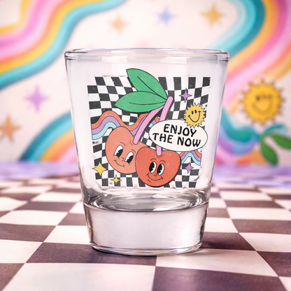 Retro Groovy Shot Glass UV DTF Transfer – Funny “Enjoy the Now” Decal – Waterproof UV DTF Wrap – Ready to Apply Glass Transfer