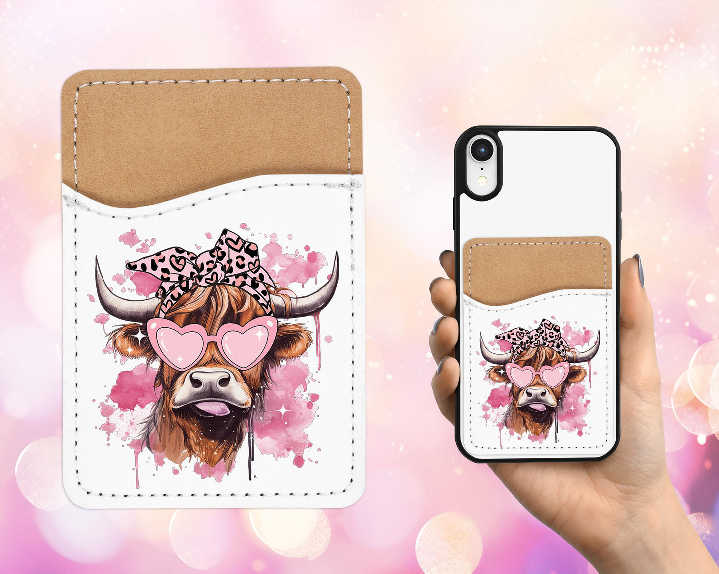 Cute Highland Cow Design Phone Wallet - Adhesive PU Leather Card Holder For Phone - Custom Gift - Stick on Pocket - Card Caddy