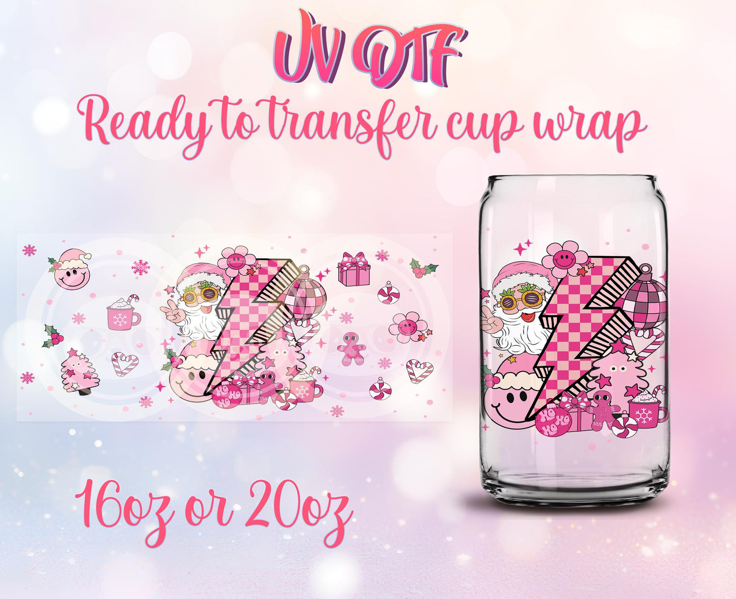 UV DTF Ready to Transfer Cup Wraps - Pink Groovy Christmas Design DIY 16oz and 20oz Prints - Libbey Glass Can - Customizable