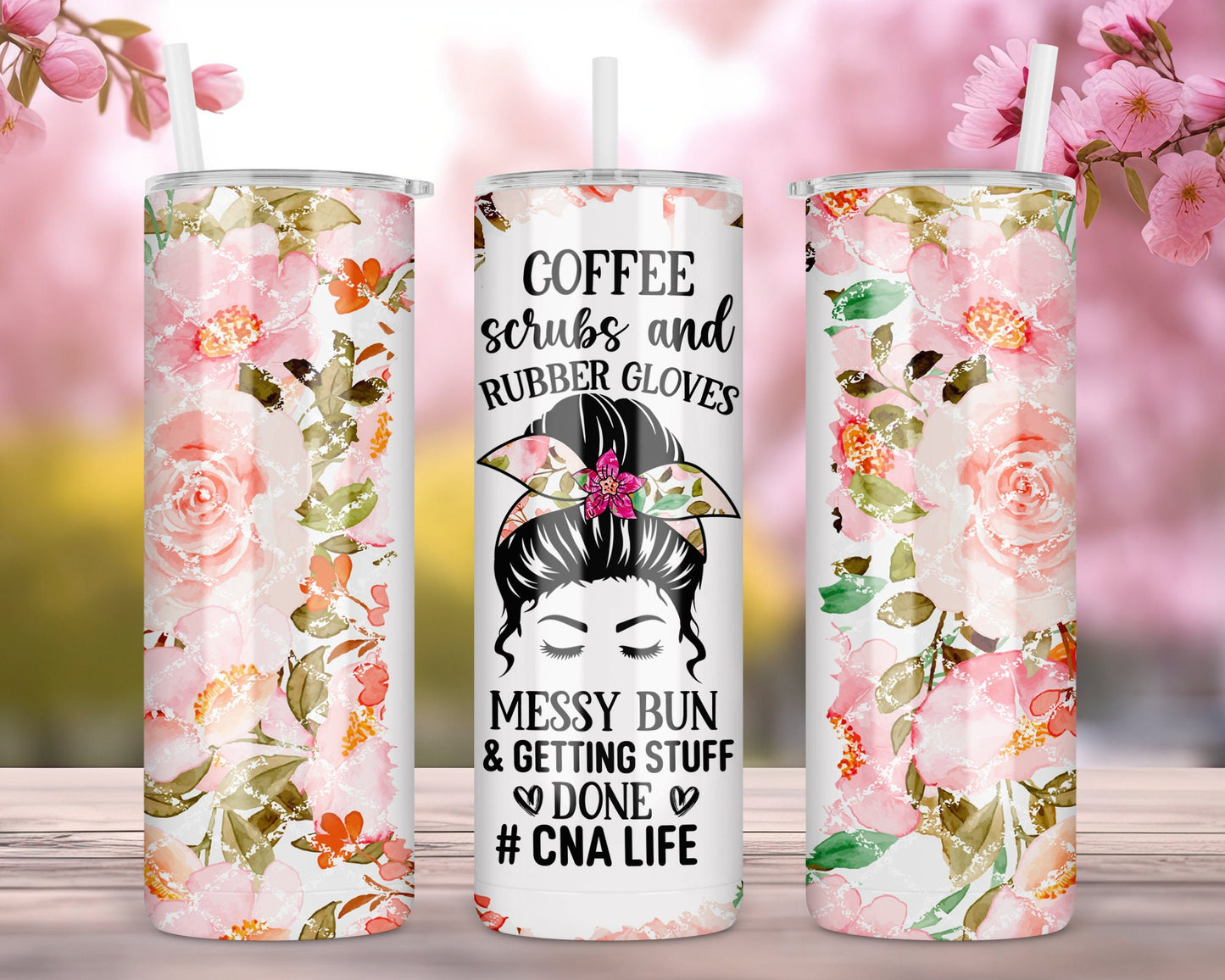 Coffee Scrubs and Rubber Gloves - Nurse CNA Health Worker Design 20oz Skinny Tumbler - Custom Design Travel Mug - Personalized Gift