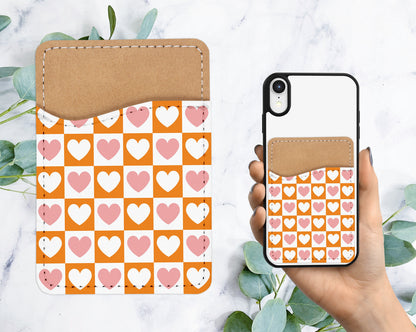 Checkered Hearts Design Phone Wallet - 70s 80s Groovy Adhesive PU Leather Card Holder For Phone - Custom Gift - Stick on Pocket - Card Caddy
