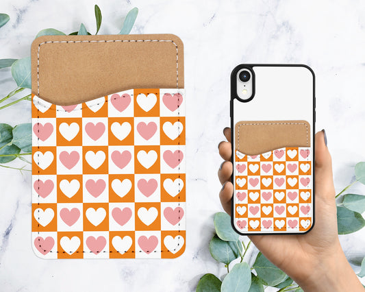 Checkered Hearts Design Phone Wallet - 70s 80s Groovy Adhesive PU Leather Card Holder For Phone - Custom Gift - Stick on Pocket - Card Caddy