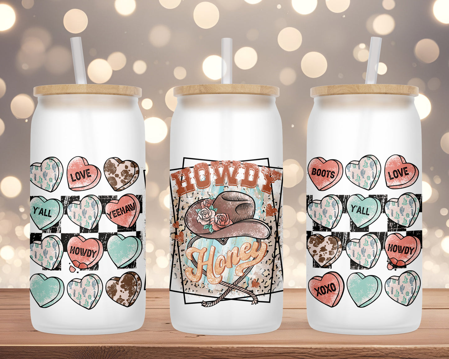 UV DTF Cup Wrap - Ready to Transfer  Howdy Honey - Valentine Design DIY 16oz and 20oz Prints - Libbey Glass Can - Customizable