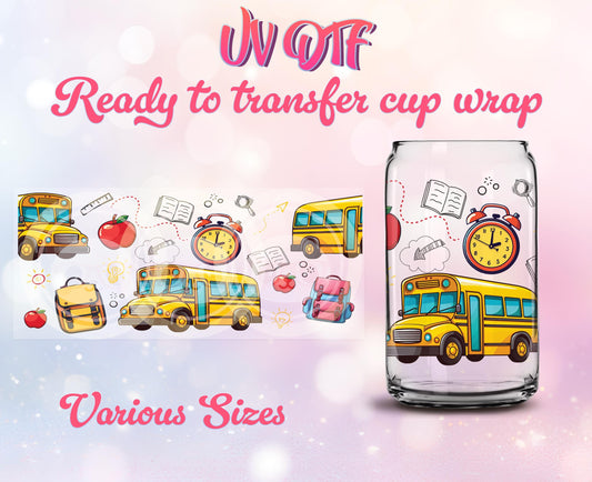 UV DTF Cup Wrap - Ready to Transfer School Bus Design - Gift DIY 16oz and 20oz Prints - Libbey Glass Can - Customizable
