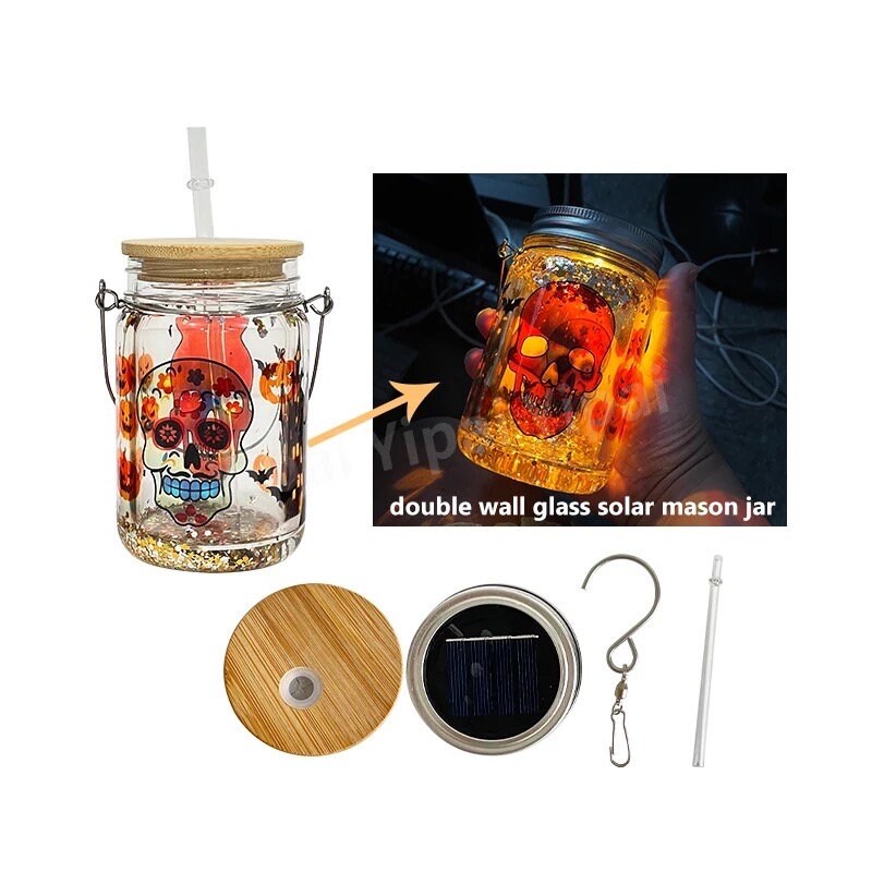 Blank Sublimation Glowing Elf Lantern Cup - Snowglobe Beer Can - Double Walled 11oz Glass - Soda Can Cup with 2 Lids Hook and Straw